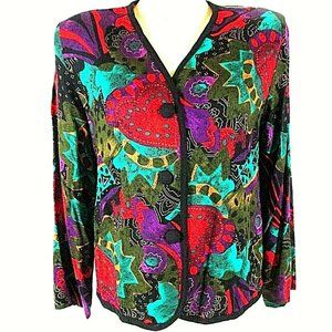 Christine David Women's 12 Green Red Black 3 Button Down Top Blouse (C)pm1